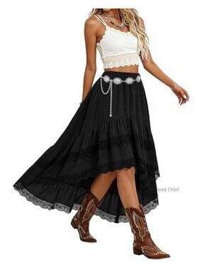 High Waist Lace Trim Asymmetrical Tiered Ruffled Midi Skirt Cowgirl Style